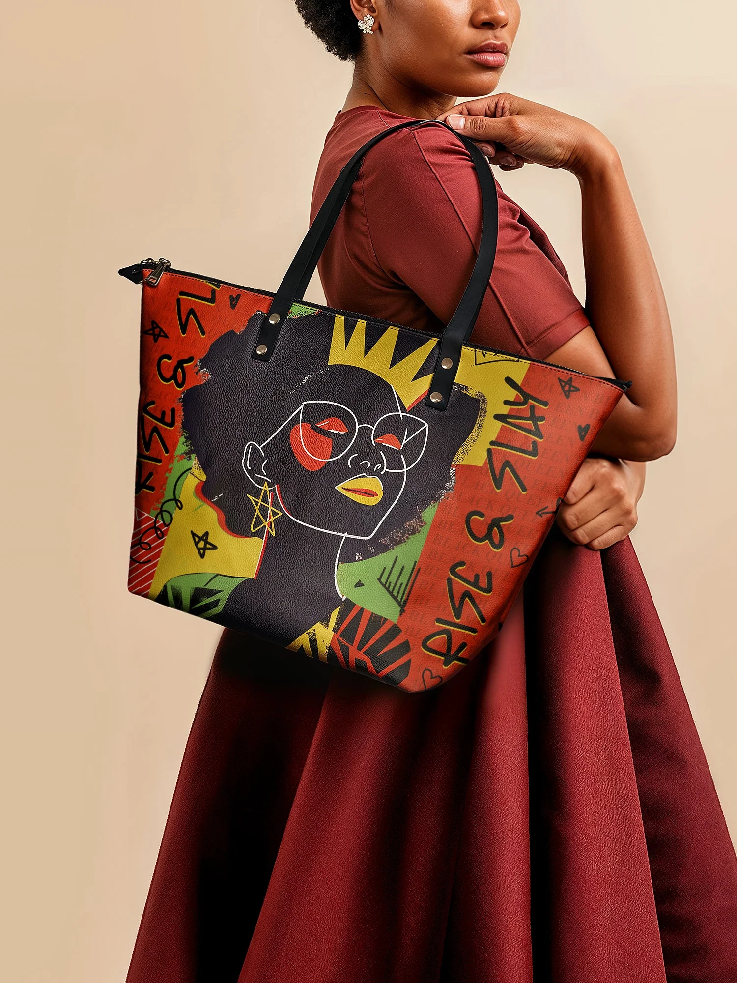 "Aina" Flame Red Leather Tote Bag - Image 3